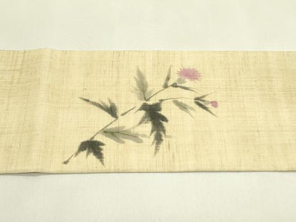 平和屋着物＊夏物　九寸名古屋帯　手描き　アザミ　麻　逸品　CABJ1698rv