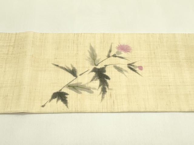 平和屋着物＊夏物　九寸名古屋帯　手描き　アザミ　麻　逸品　CABJ1698rv
