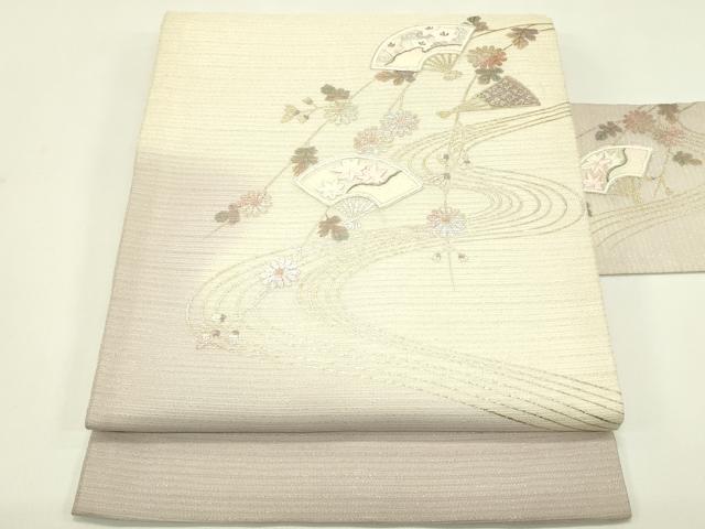 平和屋着物＊夏物　九寸名古屋帯　駒刺繍　扇面流水花文　銀通し地　正絹　逸品　CABJ1700rv