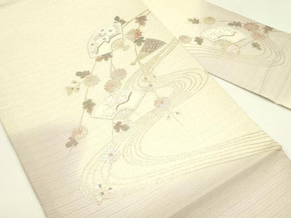 平和屋着物＊夏物　九寸名古屋帯　駒刺繍　扇面流水花文　銀通し地　正絹　逸品　CABJ1700rv