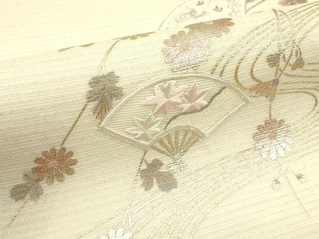 平和屋着物＊夏物　九寸名古屋帯　駒刺繍　扇面流水花文　銀通し地　正絹　逸品　CABJ1700rv