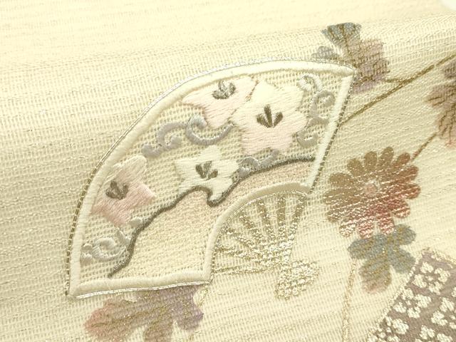 平和屋着物＊夏物　九寸名古屋帯　駒刺繍　扇面流水花文　銀通し地　正絹　逸品　CABJ1700rv