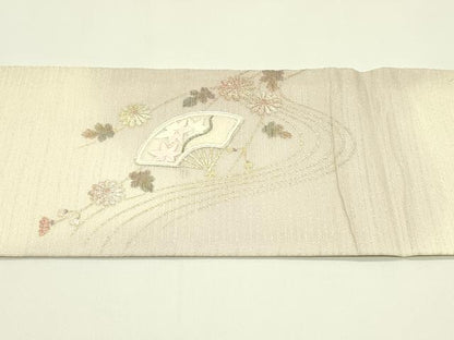 平和屋着物＊夏物　九寸名古屋帯　駒刺繍　扇面流水花文　銀通し地　正絹　逸品　CABJ1700rv