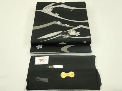 平和屋着物＊夏物　西陣　田中義織物謹製　六通柄袋帯　唐織　梟　舞花文　黒地　銀糸　証紙付き　正絹　逸品　CABJ1701rv