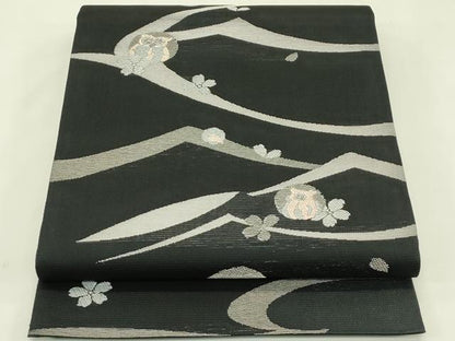 平和屋着物＊夏物　西陣　田中義織物謹製　六通柄袋帯　唐織　梟　舞花文　黒地　銀糸　証紙付き　正絹　逸品　CABJ1701rv