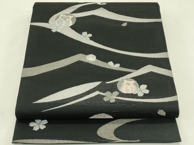平和屋着物＊夏物　西陣　田中義織物謹製　六通柄袋帯　唐織　梟　舞花文　黒地　銀糸　証紙付き　正絹　逸品　CABJ1701rv