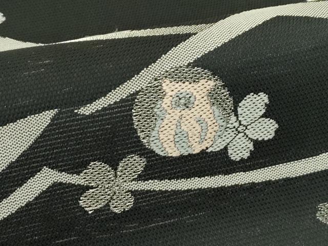 平和屋着物＊夏物　西陣　田中義織物謹製　六通柄袋帯　唐織　梟　舞花文　黒地　銀糸　証紙付き　正絹　逸品　CABJ1701rv