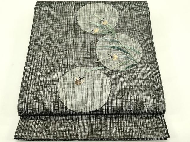 平和屋着物＊夏物　太鼓柄袋帯　すくい織　夏虫　黒地　金銀糸　正絹　逸品　未使用　CABJ1702rv