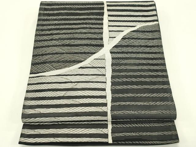 平和屋着物＊夏物　六通柄袋帯　立波文　黒地　銀糸　正絹　逸品　CABJ1704rv