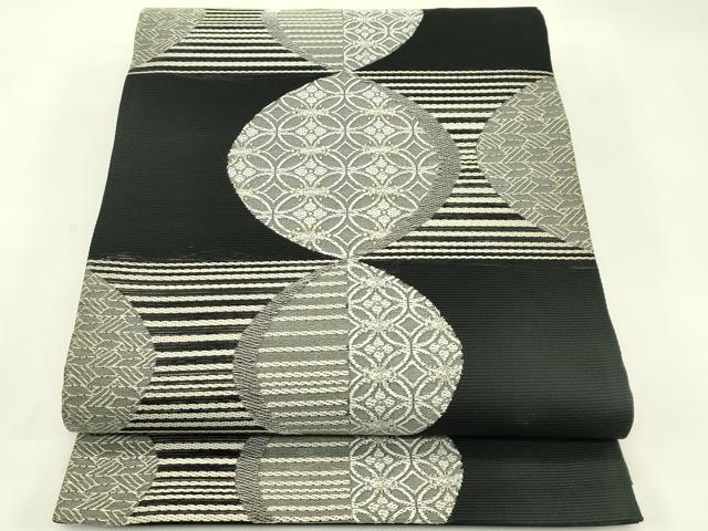平和屋着物＊夏物　六通柄袋帯　矢羽七宝文　黒地　銀糸　正絹　逸品　CABJ1711rv