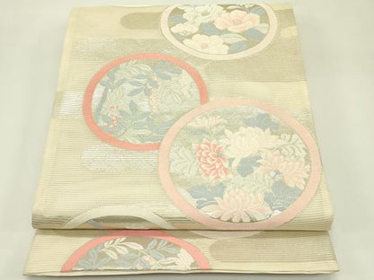 平和屋着物＊夏物　六通柄袋帯　エ霞草花丸文　銀糸　正絹　逸品　CABJ1715rv