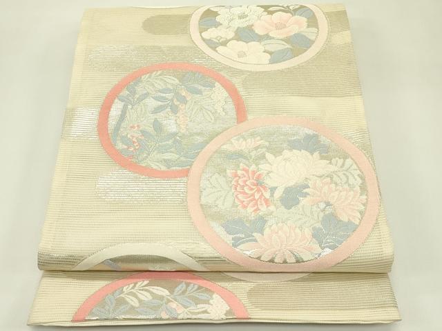 平和屋着物＊夏物　六通柄袋帯　エ霞草花丸文　銀糸　正絹　逸品　CABJ1715rv
