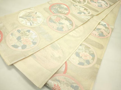 平和屋着物＊夏物　六通柄袋帯　エ霞草花丸文　銀糸　正絹　逸品　CABJ1715rv