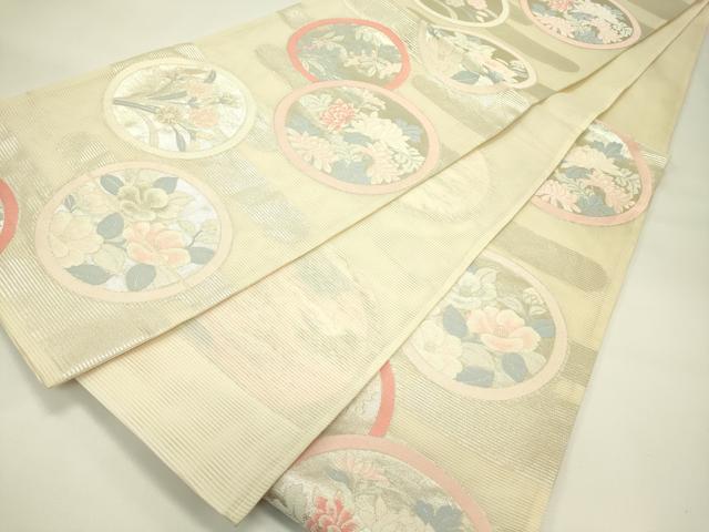 平和屋着物＊夏物　六通柄袋帯　エ霞草花丸文　銀糸　正絹　逸品　CABJ1715rv
