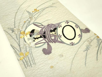 平和屋着物＊夏物　アンティーク　大正ロマン　丸帯　引き抜き帯　総刺繍　駒刺繍　萩楽器文　金銀糸　正絹　逸品　CABJ1716rv