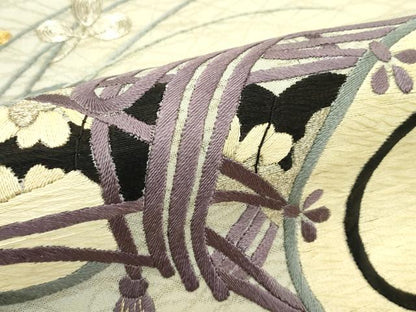 平和屋着物＊夏物　アンティーク　大正ロマン　丸帯　引き抜き帯　総刺繍　駒刺繍　萩楽器文　金銀糸　正絹　逸品　CABJ1716rv