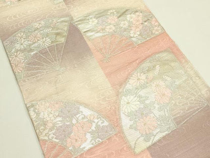 平和屋着物＊夏物　六通柄袋帯　扇面花文　金銀糸　正絹　逸品　CABJ1749rv
