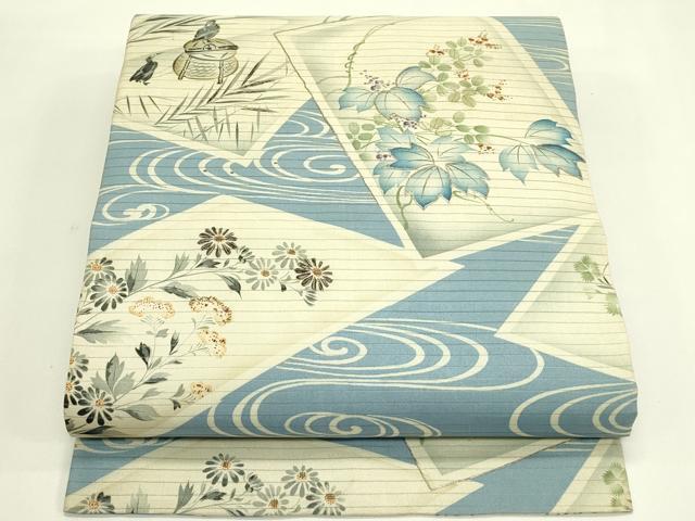 平和屋着物＊夏物　アンティーク　大正ロマン　丸帯　引き抜き帯　駒刺繍　流水色紙草花文　正絹　逸品　CABJ1750rv