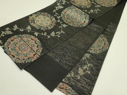 平和屋着物＊夏物　六通柄袋帯　正倉院花文　黒地　金銀糸　正絹　逸品　未使用　CABJ1752rv