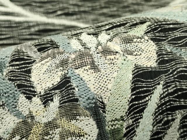 平和屋着物＊夏物　太鼓柄袋帯　すくい織　杜若　鴛鴦　黒地　金銀糸　正絹　逸品　未使用　CABJ1762rv