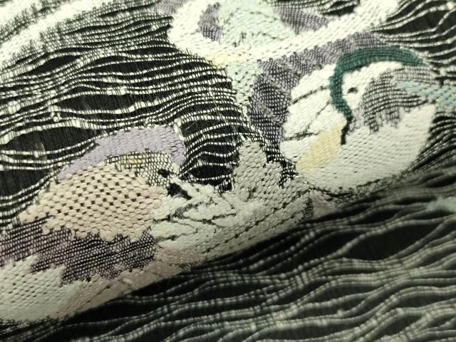 平和屋着物＊夏物　太鼓柄袋帯　すくい織　杜若　鴛鴦　黒地　金銀糸　正絹　逸品　未使用　CABJ1762rv
