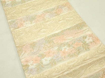 平和屋着物＊夏物　六通柄袋帯　唐織　流水草花文　金糸　正絹　逸品　CABJ1764rv