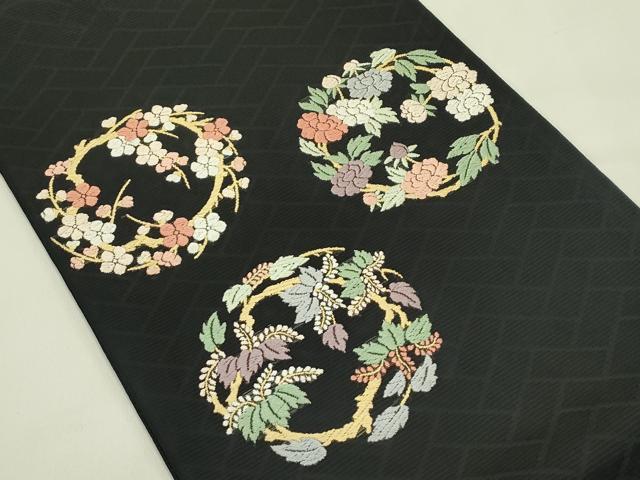 平和屋着物＊夏物　太鼓柄　京袋帯　唐織　草花丸文　黒地　正絹　逸品　CABJ1770rv