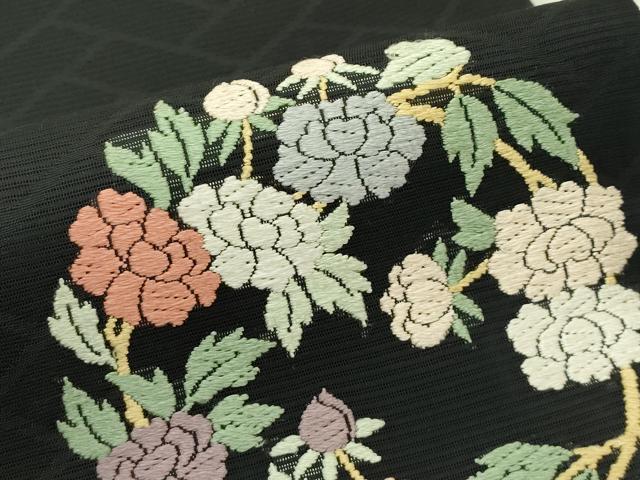 平和屋着物＊夏物　太鼓柄　京袋帯　唐織　草花丸文　黒地　正絹　逸品　CABJ1770rv