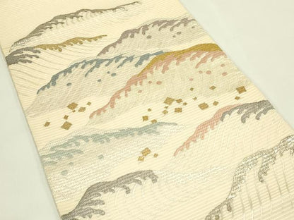 平和屋着物＊夏物　太鼓柄袋帯　総刺繍　絽刺し　区限刺繍　立波文　金銀糸　正絹　逸品　CABJ1823rv