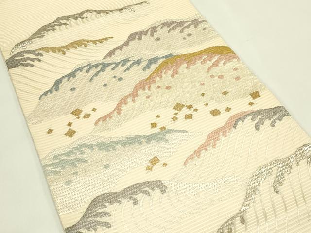 平和屋着物＊夏物　太鼓柄袋帯　総刺繍　絽刺し　区限刺繍　立波文　金銀糸　正絹　逸品　CABJ1823rv