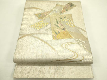 平和屋着物＊夏物　太鼓柄袋帯　短冊草花文　金銀彩　正絹　逸品　CABJ1827rv