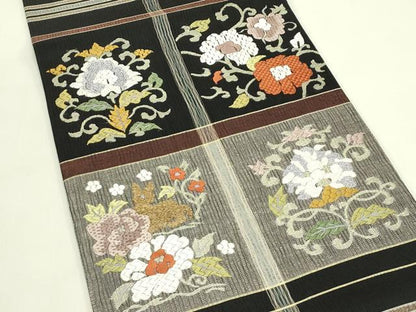 平和屋着物＊夏物　太鼓柄袋帯　総刺繍　更紗唐草文　黒地　正絹　逸品　CABJ1833rv