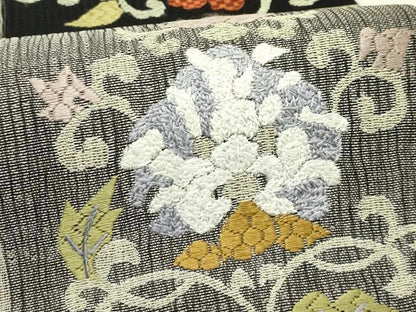 平和屋着物＊夏物　太鼓柄袋帯　総刺繍　更紗唐草文　黒地　正絹　逸品　CABJ1833rv
