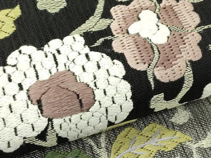 平和屋着物＊夏物　太鼓柄袋帯　総刺繍　更紗唐草文　黒地　正絹　逸品　CABJ1833rv