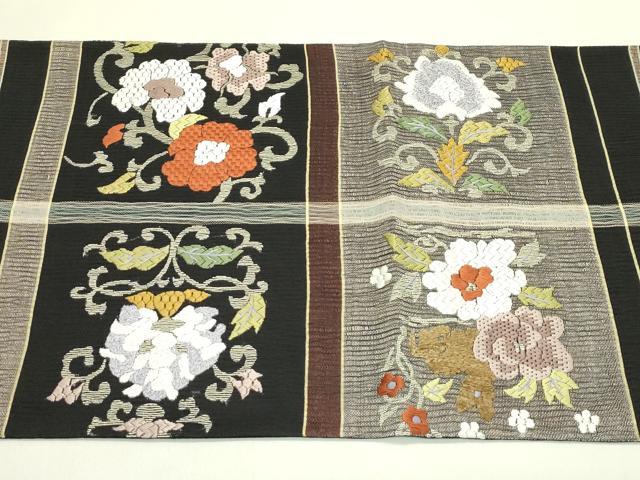 平和屋着物＊夏物　太鼓柄袋帯　総刺繍　更紗唐草文　黒地　正絹　逸品　CABJ1833rv