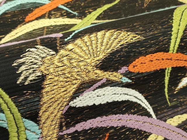 平和屋着物＊夏物　六通柄　本袋帯　唐織　飛鶴草木文　黒地　金糸　正絹　逸品　CABJ1839rv