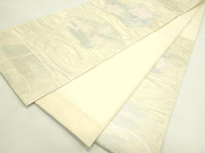 平和屋着物＊夏物　六通柄袋帯　地紙草花文　銀糸　正絹　逸品　未使用　CABJ1840rv