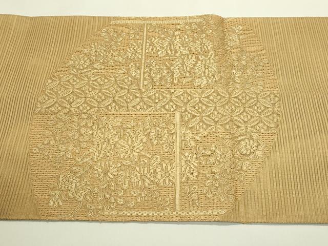 平和屋着物＊夏物　太鼓柄袋帯　絽綴れ　総刺繍　絽刺し　区限刺繍　吉祥花文　正絹　逸品　CABJ1843rv