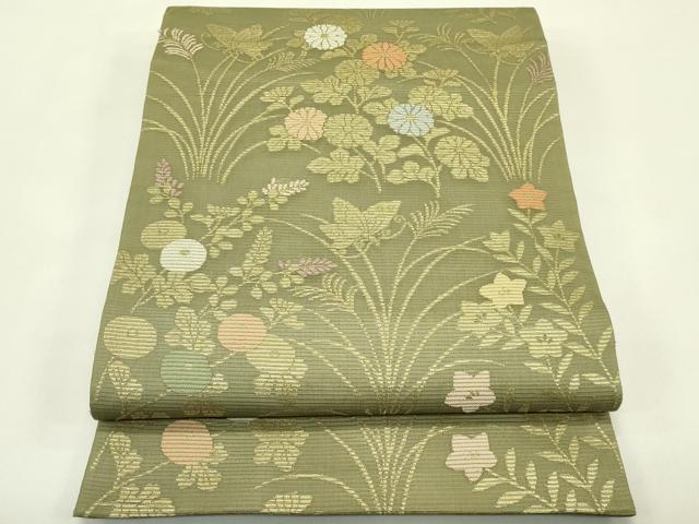平和屋着物＊夏物　六通柄袋帯　秋草舞蝶文　金糸　正絹　逸品　CABJ1847rv