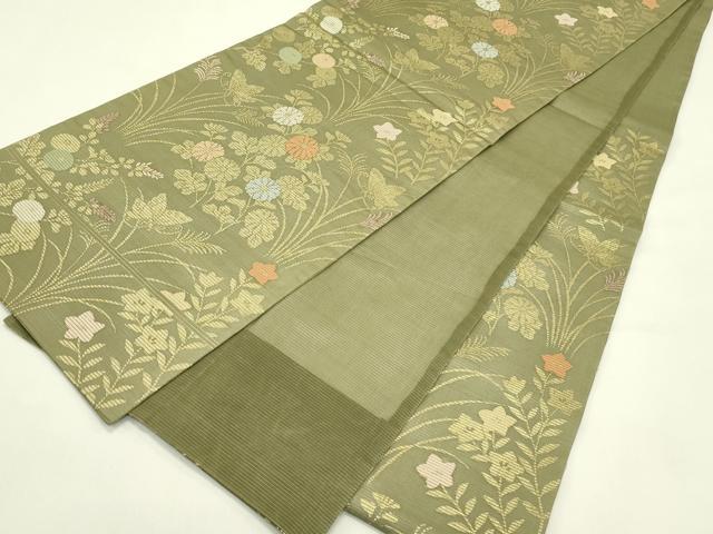 平和屋着物＊夏物　六通柄袋帯　秋草舞蝶文　金糸　正絹　逸品　CABJ1847rv