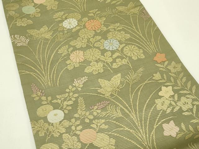 平和屋着物＊夏物　六通柄袋帯　秋草舞蝶文　金糸　正絹　逸品　CABJ1847rv