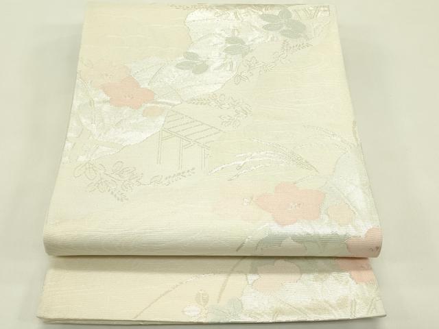 平和屋着物＊夏物　六通柄袋帯　秋草風景文　銀糸　正絹　逸品　未使用　CABJ1857rv
