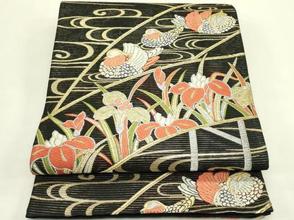 平和屋着物＊夏物　六通柄袋帯　唐織　鴛鴦　杜若　黒地　金銀糸　正絹　逸品　CABJ1879rv