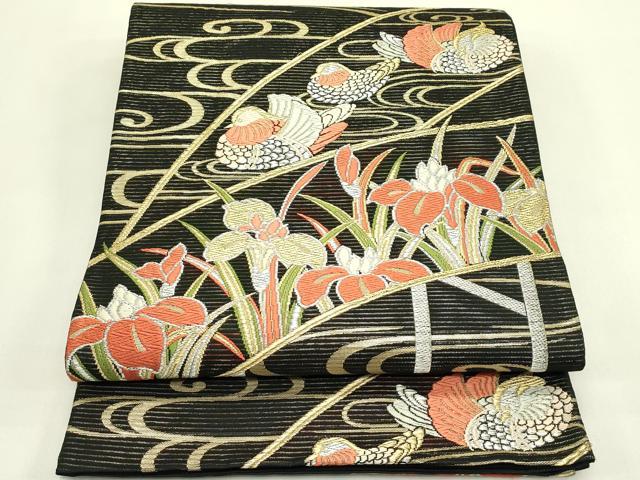 平和屋着物＊夏物　六通柄袋帯　唐織　鴛鴦　杜若　黒地　金銀糸　正絹　逸品　CABJ1879rv