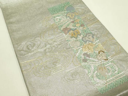 平和屋着物＊夏物　太鼓柄袋帯　絽刺し　区限刺繍　総刺繍　流水蔦の葉文　金銀糸　正絹　逸品　CABJ1897rv