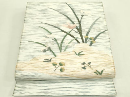 平和屋着物＊夏物　太鼓柄袋帯　すくい織　草花文　金銀糸　正絹　逸品　未使用　CABJ1907rv