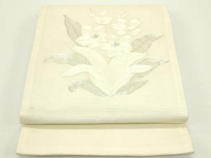 平和屋着物＊夏物　九寸開き名古屋帯　総刺繍　駒刺繍　草花文　銀糸　正絹　逸品　CABJ1979rv