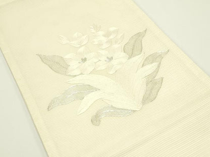 平和屋着物＊夏物　九寸開き名古屋帯　総刺繍　駒刺繍　草花文　銀糸　正絹　逸品　CABJ1979rv