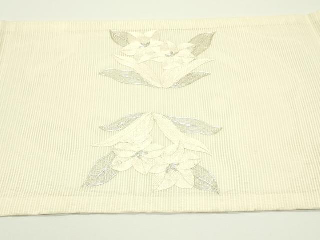 平和屋着物＊夏物　九寸開き名古屋帯　総刺繍　駒刺繍　草花文　銀糸　正絹　逸品　CABJ1979rv