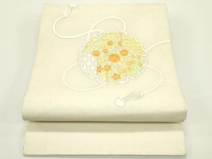 平和屋着物＊夏物　九寸開き名古屋帯　総刺繍　駒刺繍　鏡裏草花文　銀糸　正絹　逸品　CABJ1980rv